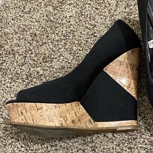 Black and cork wedge heels